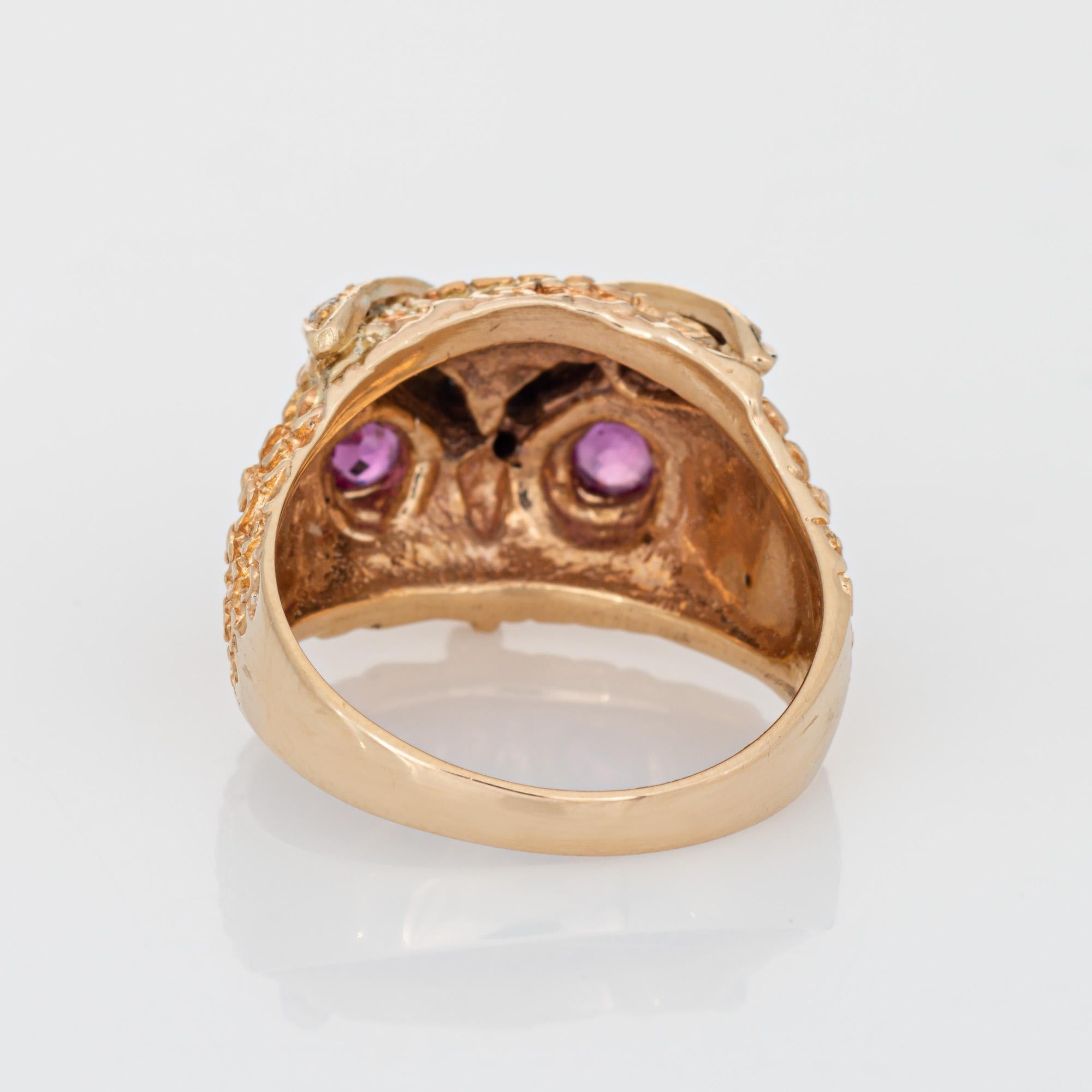 Round Cut Diamond Owl Ring Vintage 14k Yellow Gold Ruby Eyes Fine Jewelry Sz 7.5 For Sale