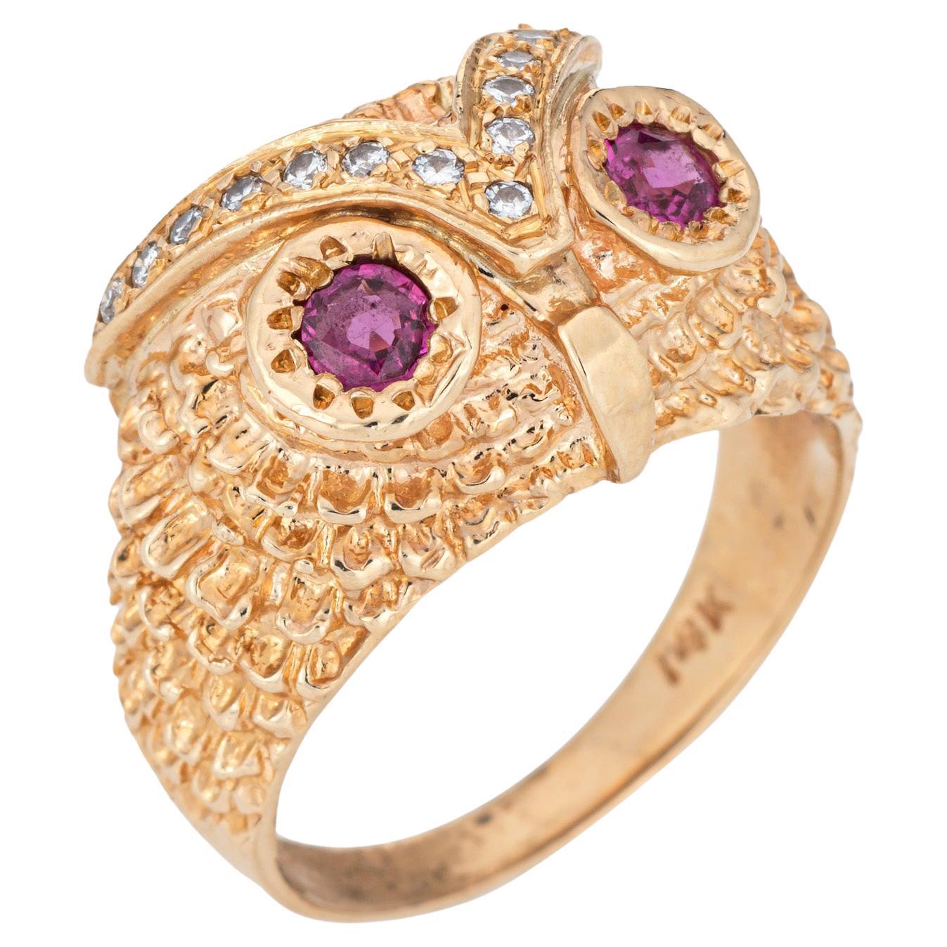 Diamond Owl Ring Vintage 14k Yellow Gold Ruby Eyes Fine Jewelry Sz 7.5 For Sale