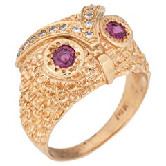 Diamond Owl Ring Vintage 14k Yellow Gold Ruby Eyes Fine Jewelry Sz 7.5
