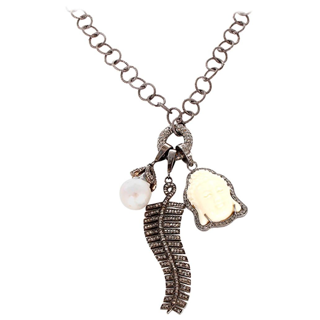 Diamond Oxen Bone Sterling Silver Buddha Necklace For Sale