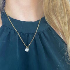 Diamond Padlock Enamel Charm Pendant, 14k Yellow Gold, White Enamel