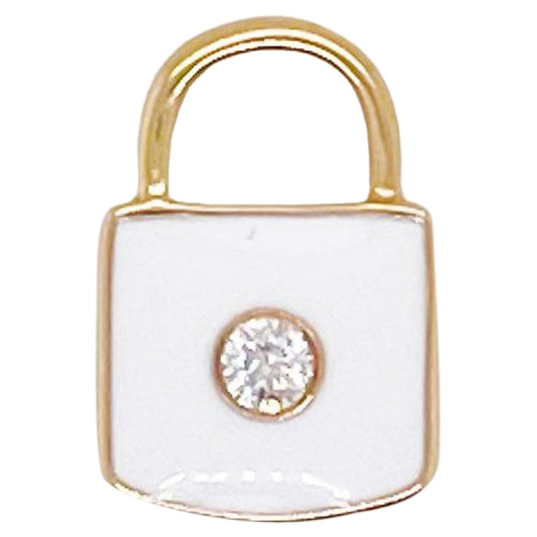 Diamant- Padlock-Charm-Anhänger mit Diamanten, Gelbgold, weißer Emaille