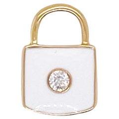 Diamond Padlock Charm Pendant, Yellow Gold, White Enamel