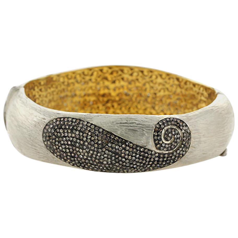 Modern Diamond Paisley Motif Bangle in Gold and Silver For Sale