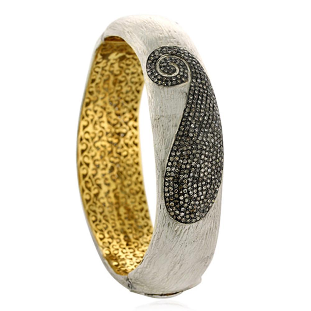 Mixed Cut Diamond Paisley Motif Bangle in Gold and Silver For Sale