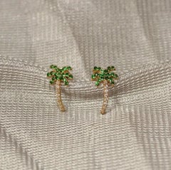Diamond Palm Tree Stud Earring 14k Gold Tsavorite Garnet Tops Birthday Gift.