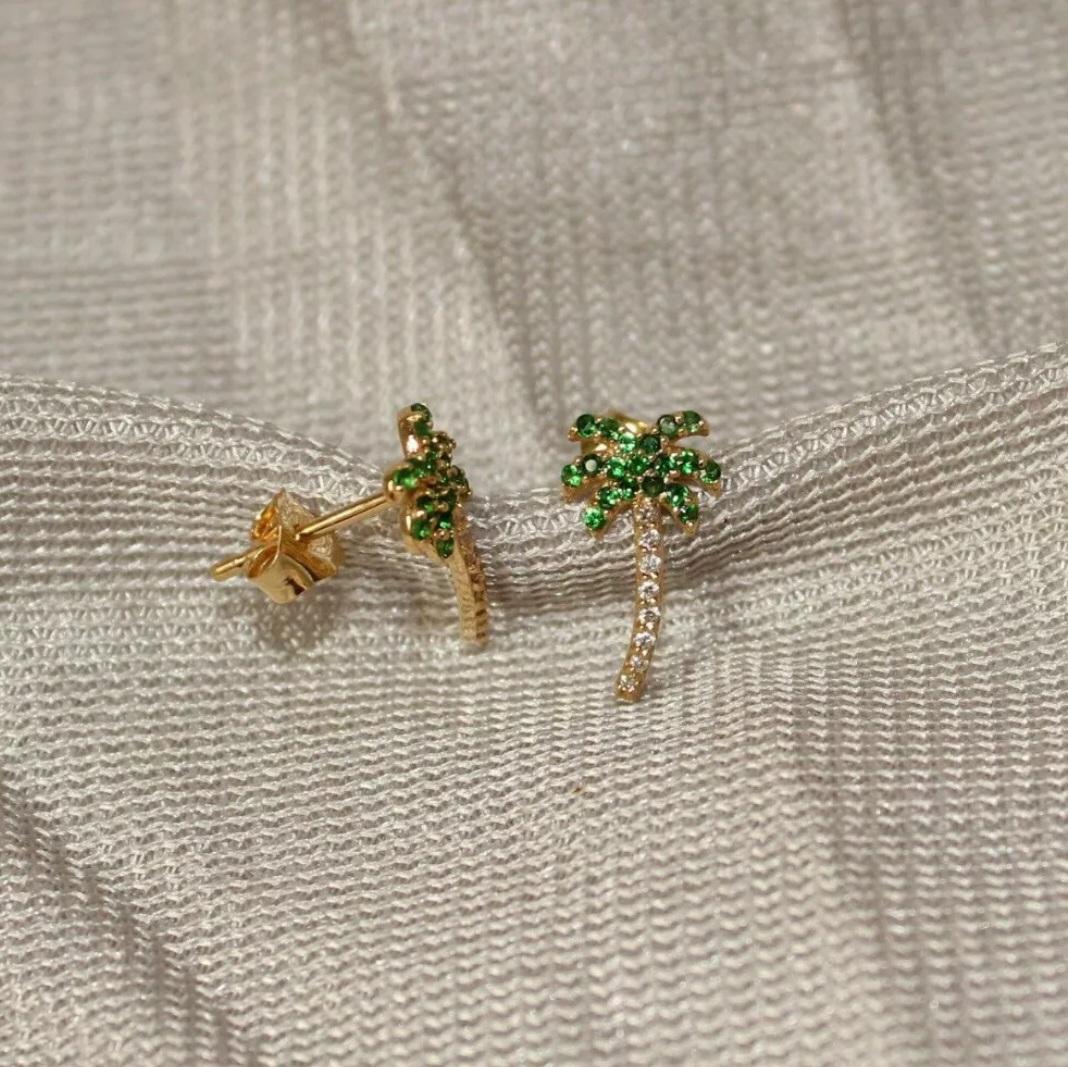 Art déco Clous d'oreilles en forme de palmier en or 14 carats avec grenat tsavorite et diamants, cadeau d'anniversaire en vente
