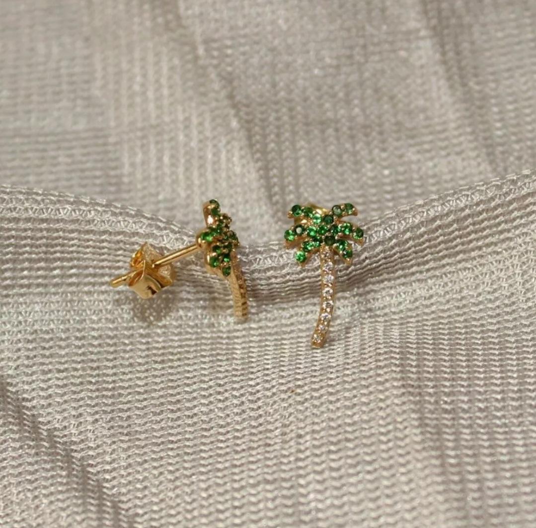 Clous d'oreilles en forme de palmier en or 14 carats avec grenat tsavorite et diamants, cadeau d'anniversaire Neuf - En vente à Chicago, IL