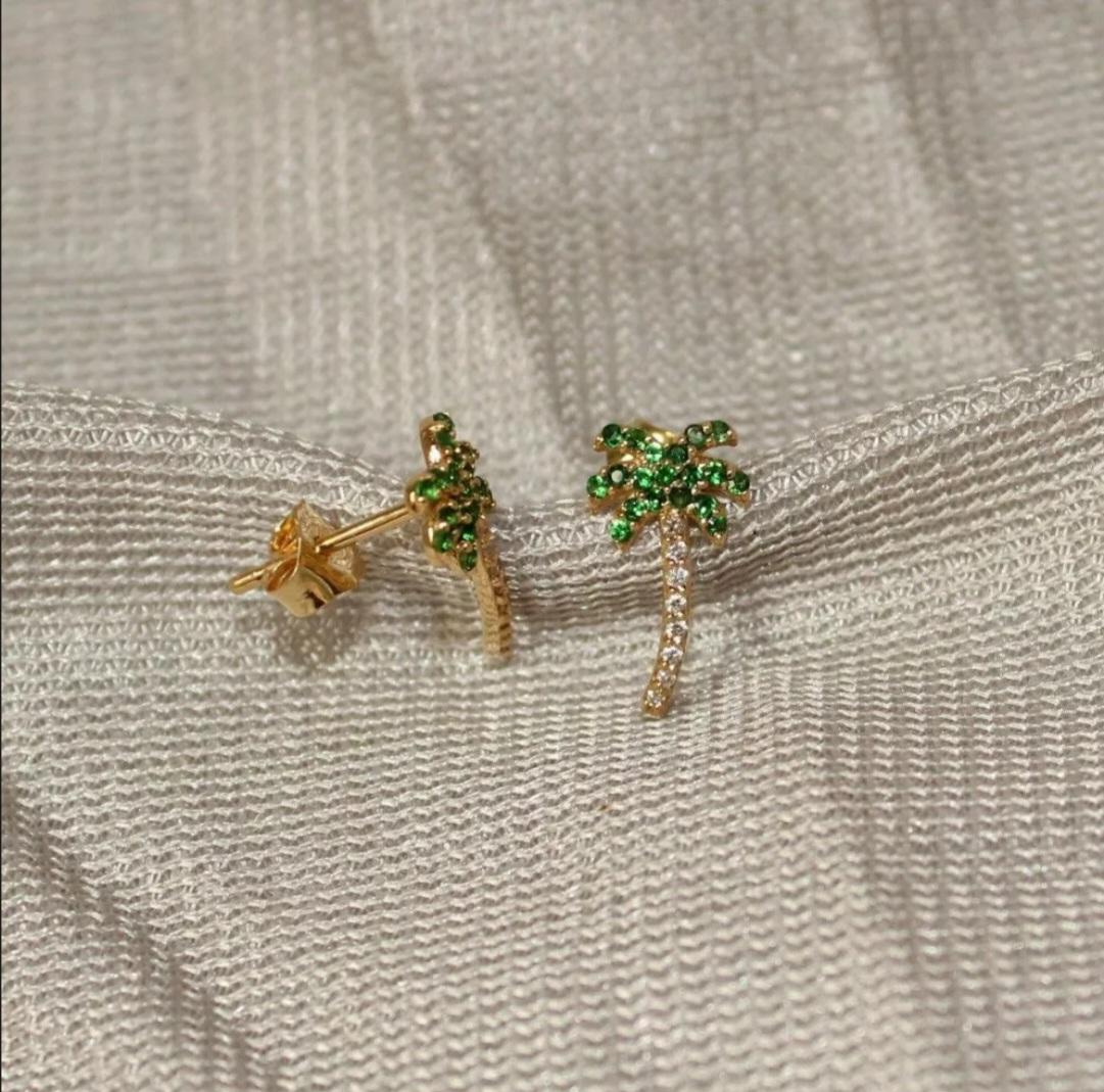 Clous d'oreilles en forme de palmier en or 14 carats avec grenat tsavorite et diamants, cadeau d'anniversaire Unisexe en vente