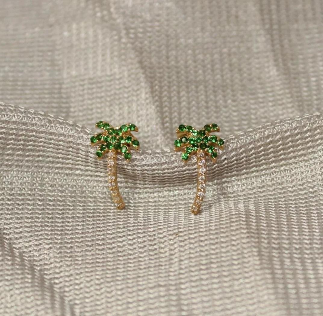 Clous d'oreilles en forme de palmier en or 14 carats avec grenat tsavorite et diamants, cadeau d'anniversaire en vente 1
