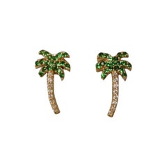 Diamond Palm Tree Stud Earring 14k Gold Tsavorite Garnet Tops Birthday Gift.