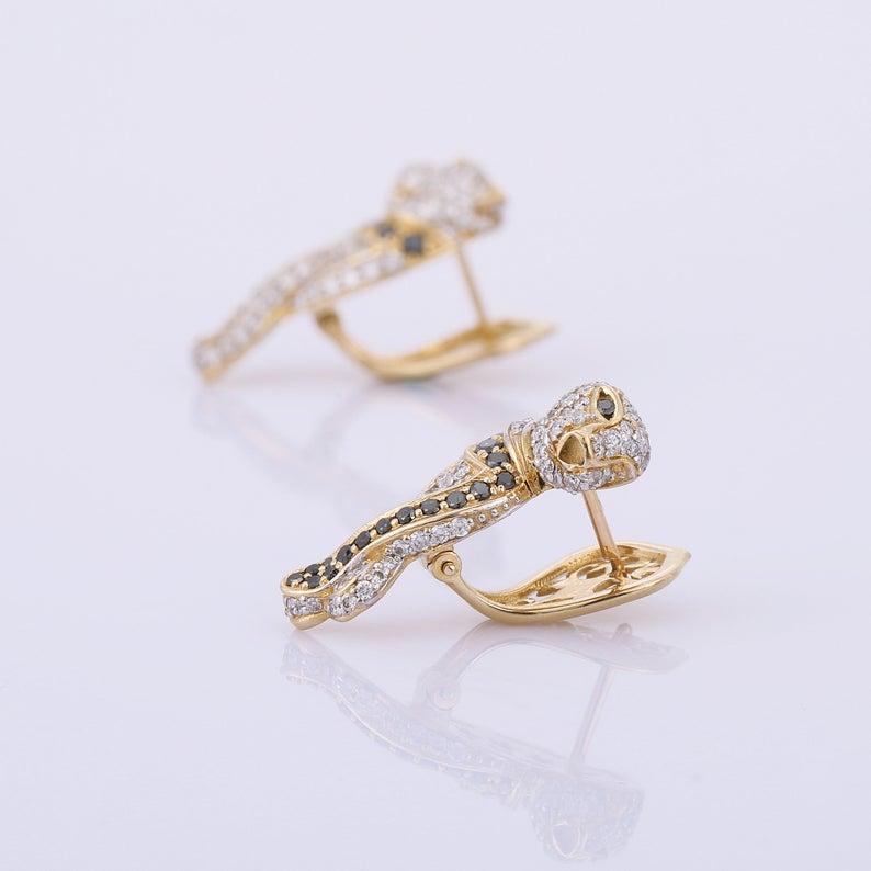 Mixed Cut Diamond Panther 14 Karat Gold Huggie Hoop Earrings