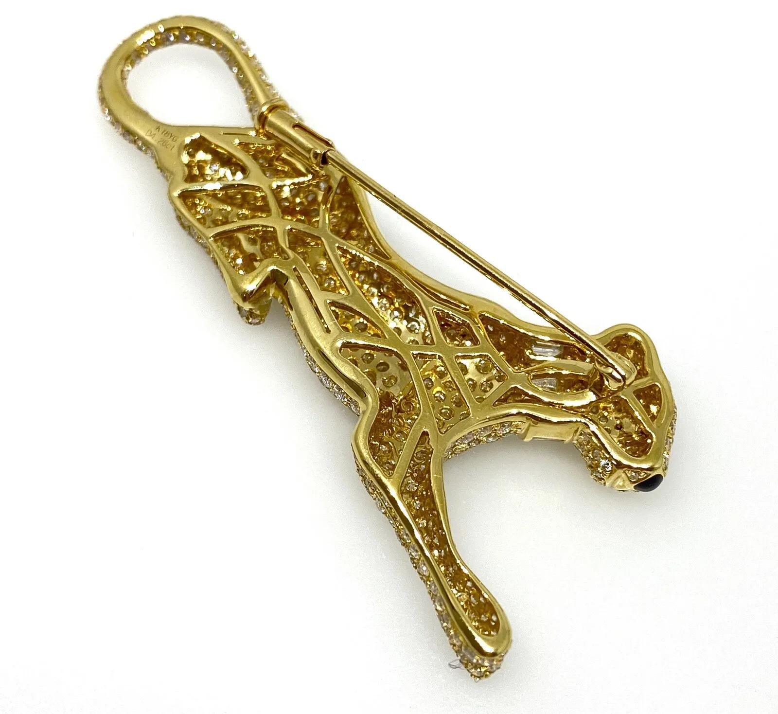 Round Cut Diamond Panther Brooch with Baguette Collar 4.26 Carat Total in 18k Yellow Gold For Sale