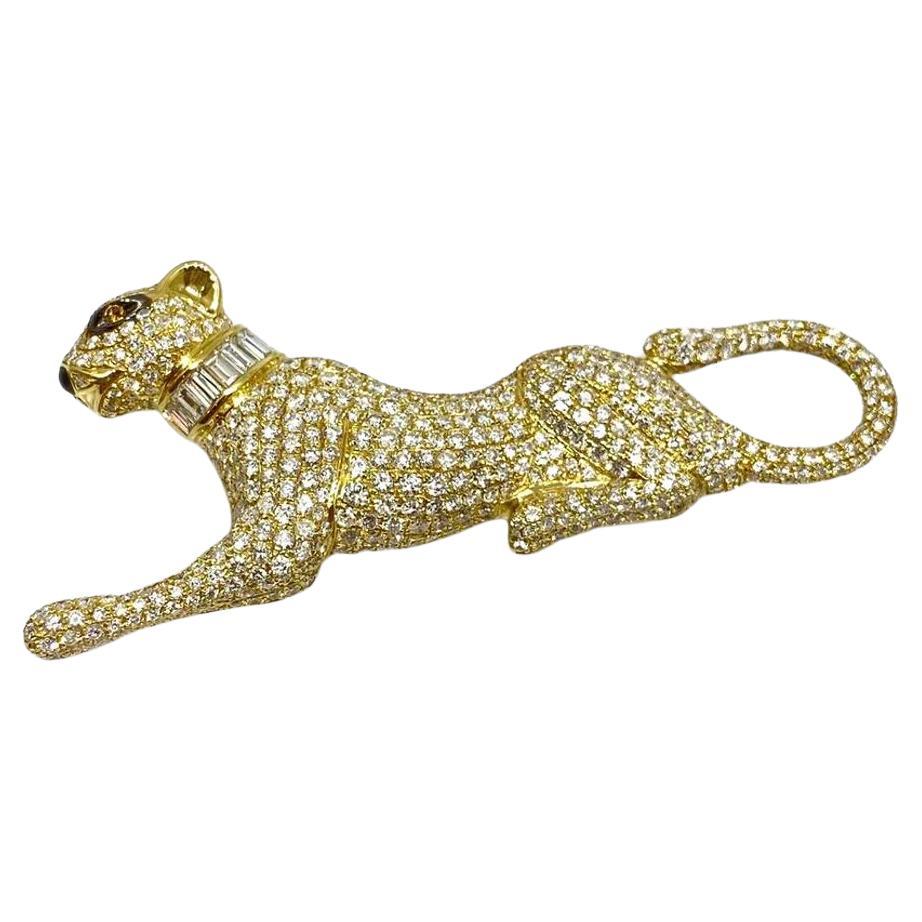 Diamond Panther Brooch with Baguette Collar 4.26 Carat Total in 18k Yellow Gold For Sale