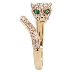 Bague bypass panthère en diamants et grenats tsavorites, or jaune 14 carats, 0,60 carat