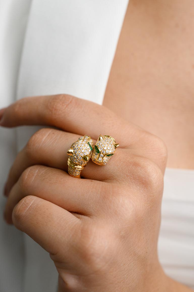 For Sale:  Iconic Diamond Panther Double Head Bypass Ring in 18k Solid Yellow Gold 2