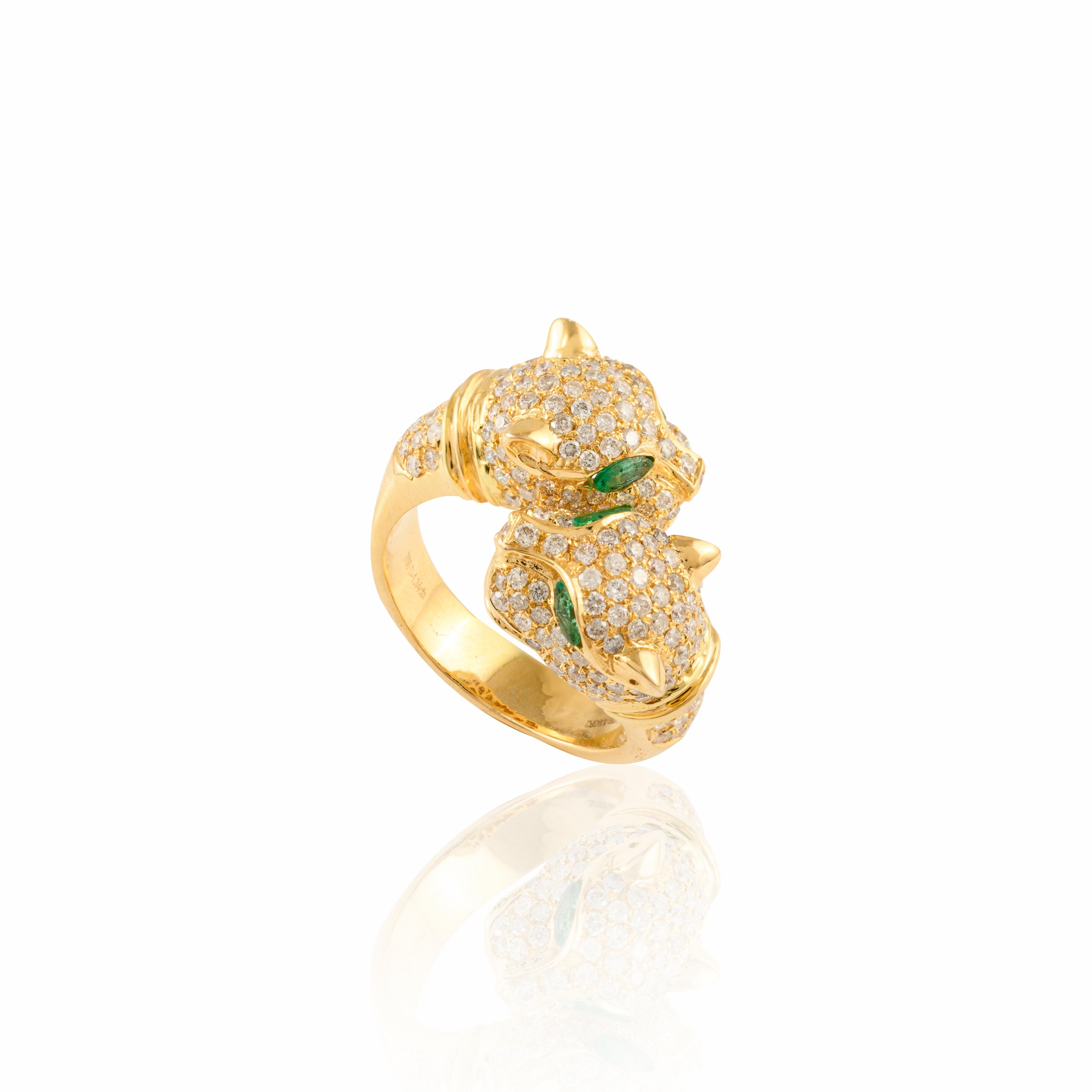 For Sale:  Iconic Diamond Panther Double Head Bypass Ring in 18k Solid Yellow Gold 5