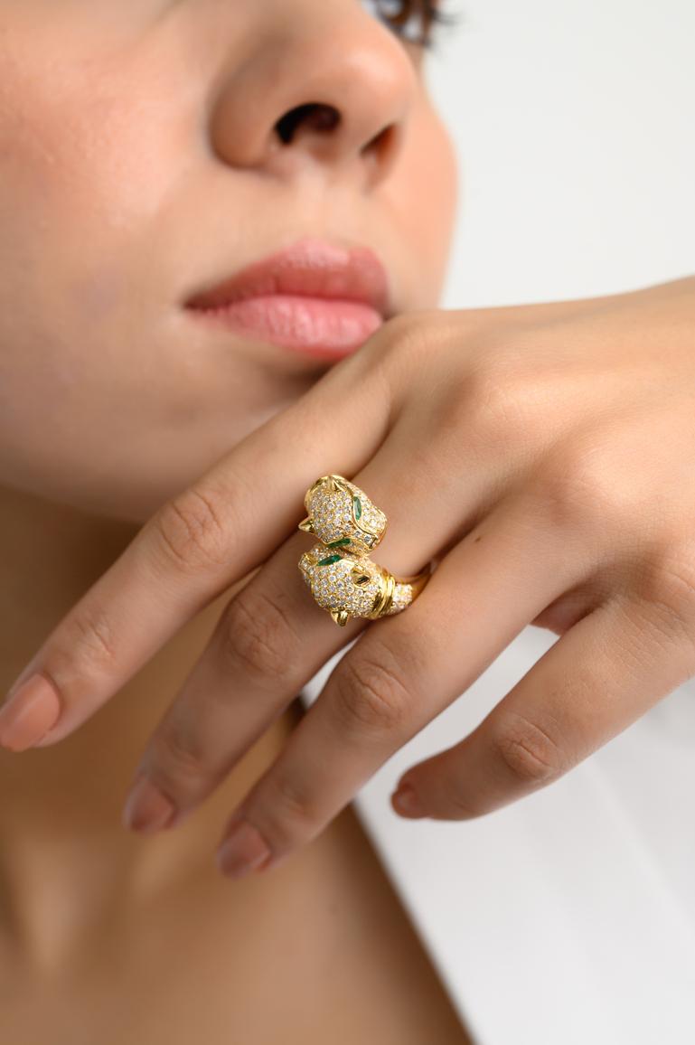 For Sale:  Iconic Diamond Panther Double Head Bypass Ring in 18k Solid Yellow Gold 6