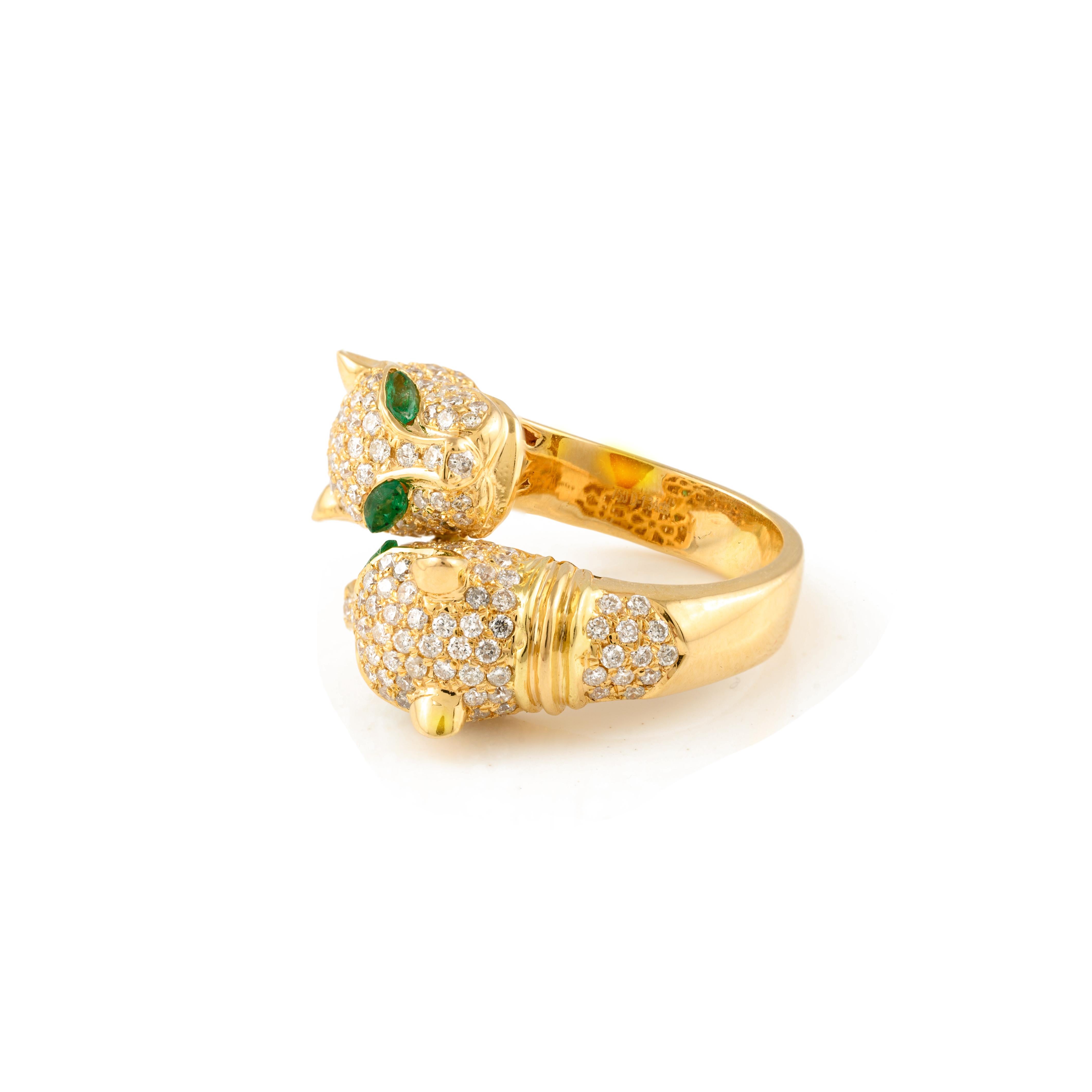 For Sale:  Iconic Diamond Panther Double Head Bypass Ring in 18k Solid Yellow Gold 7