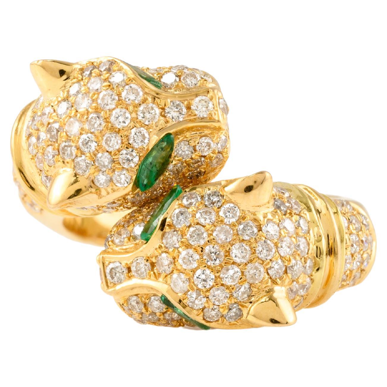Bague bypass panthère à double tête en or jaune massif 18 carats avec diamants emblématiques