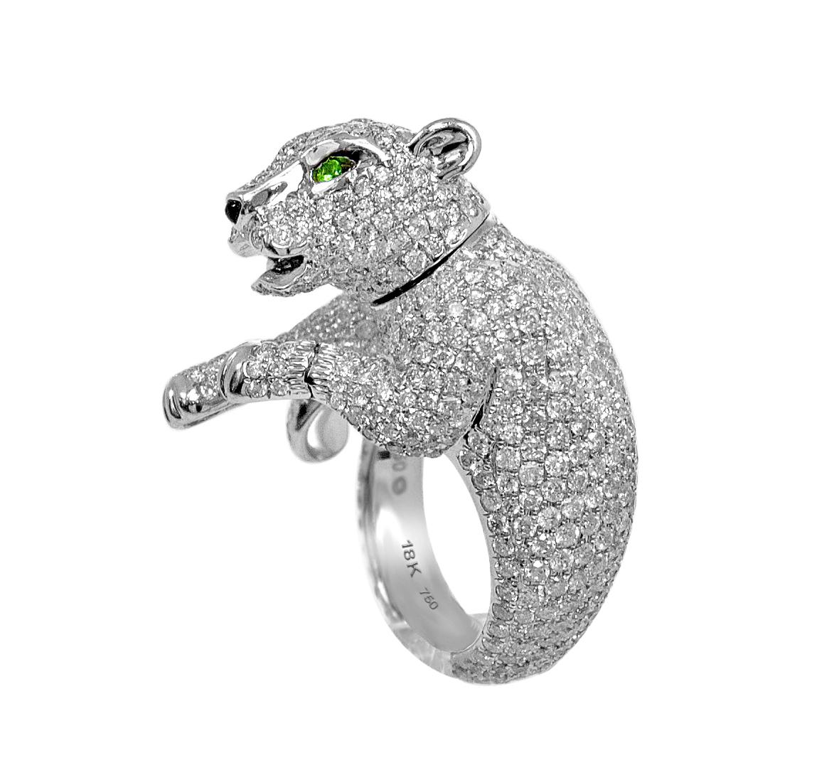 Diamond Panther Ring 18 Karat White Gold with Green Eyes Animal Statement Ring For Sale