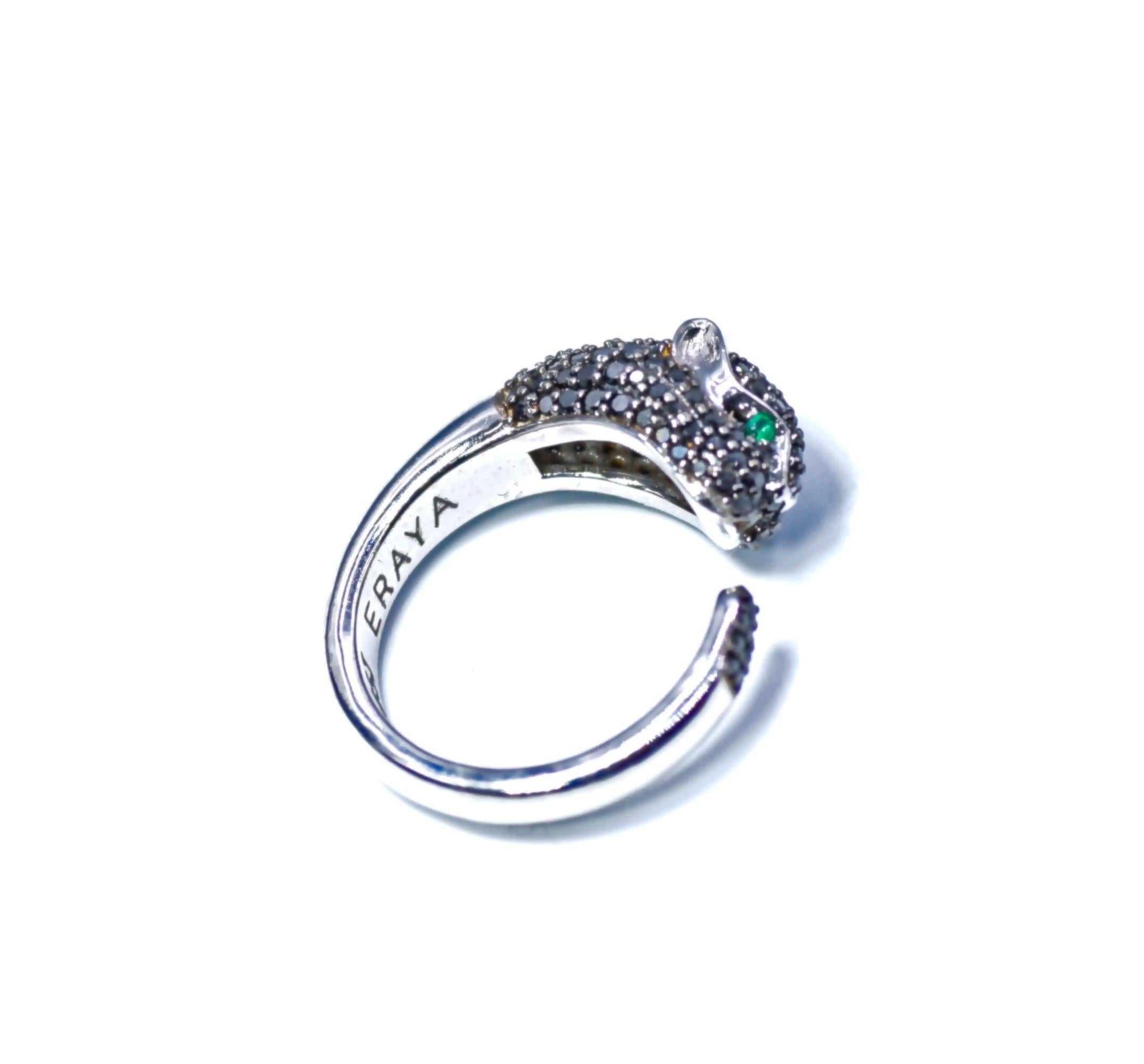 This exquisite Diamond Panther Ring has dazzling black diamonds set in 18k white gold will definitely be the Cocktail ring. 
Most of our jewels are made to order, so please allow us for a 2-4 week delivery.
Please note the possibility of natural