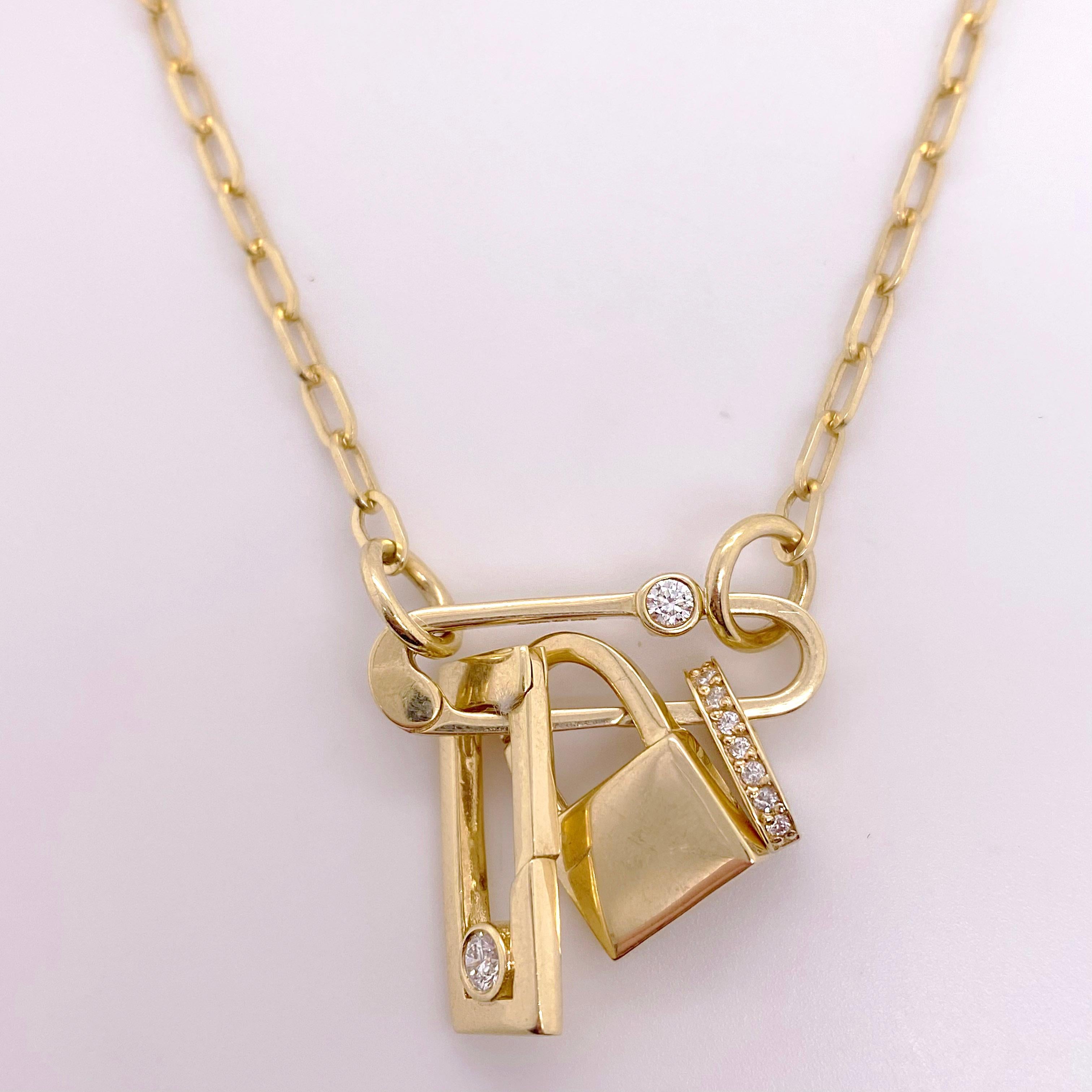 Collier trombone en or jaune 14K avec diamants, fermoir en diamants pavés Pour femmes en vente