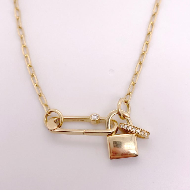 Diamond Paper Clip Necklace, 14K Yellow Gold Paperclip Chain, Pave Diamond Clasp For Sale at