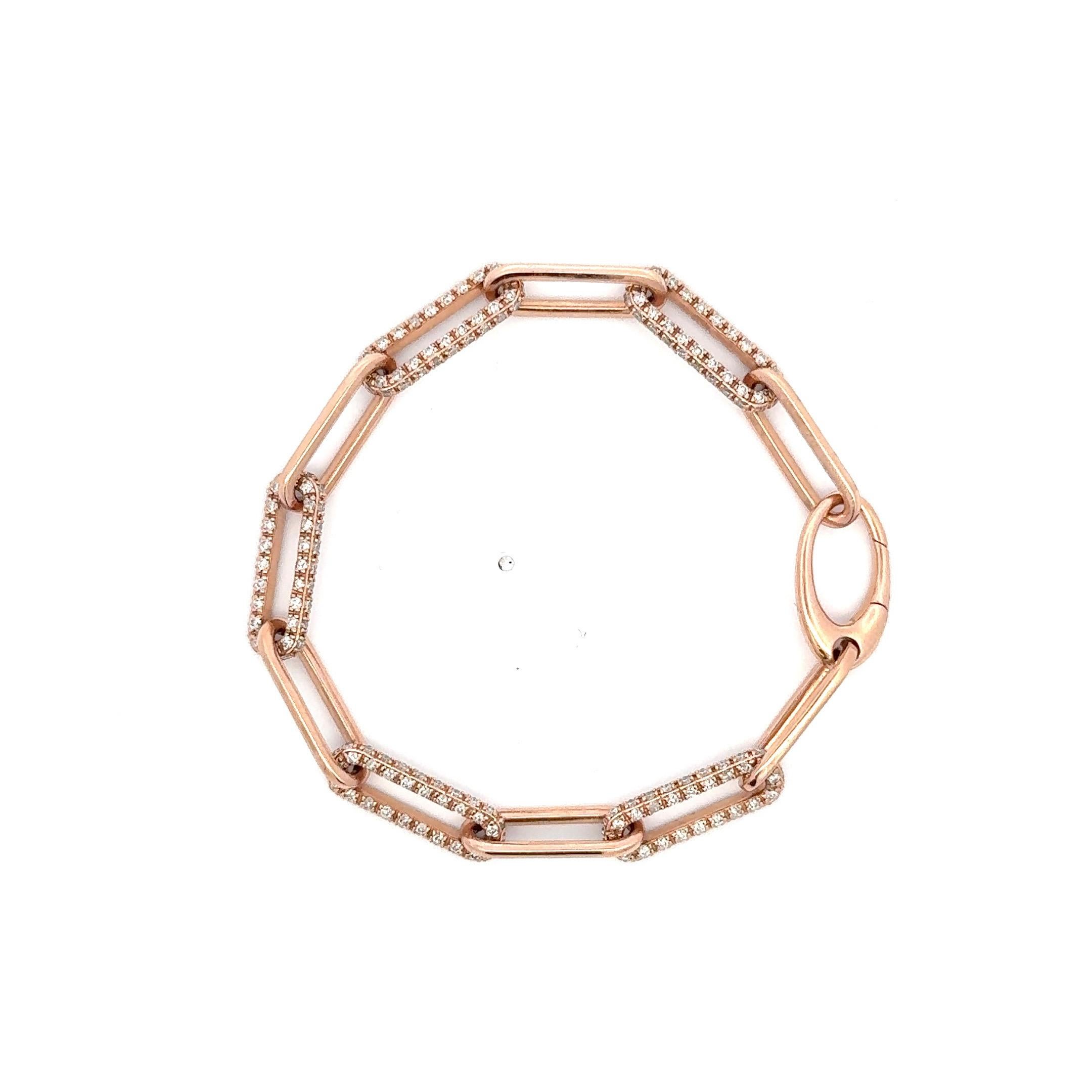 Contemporary Diamond Paperclip Link Bracelet 3.30 Carats 14 Karat Rose Gold  For Sale