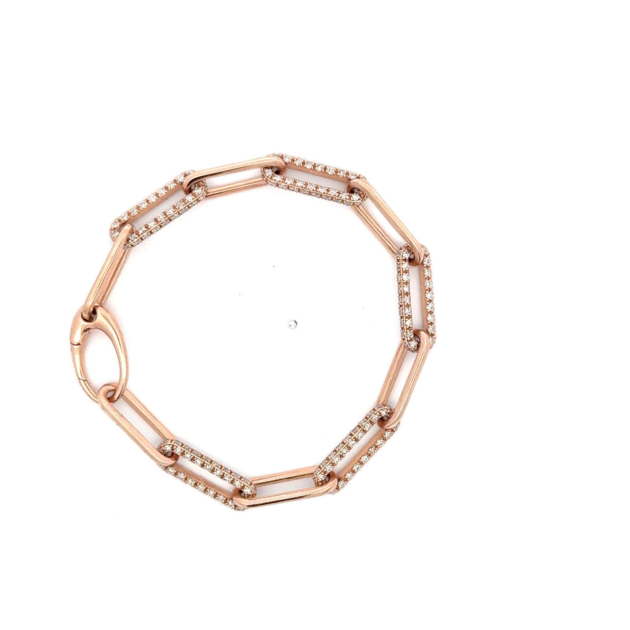 Diamond Paperclip Link Bracelet 3.30 Carats 14 Karat Rose Gold  In New Condition For Sale In New York, NY