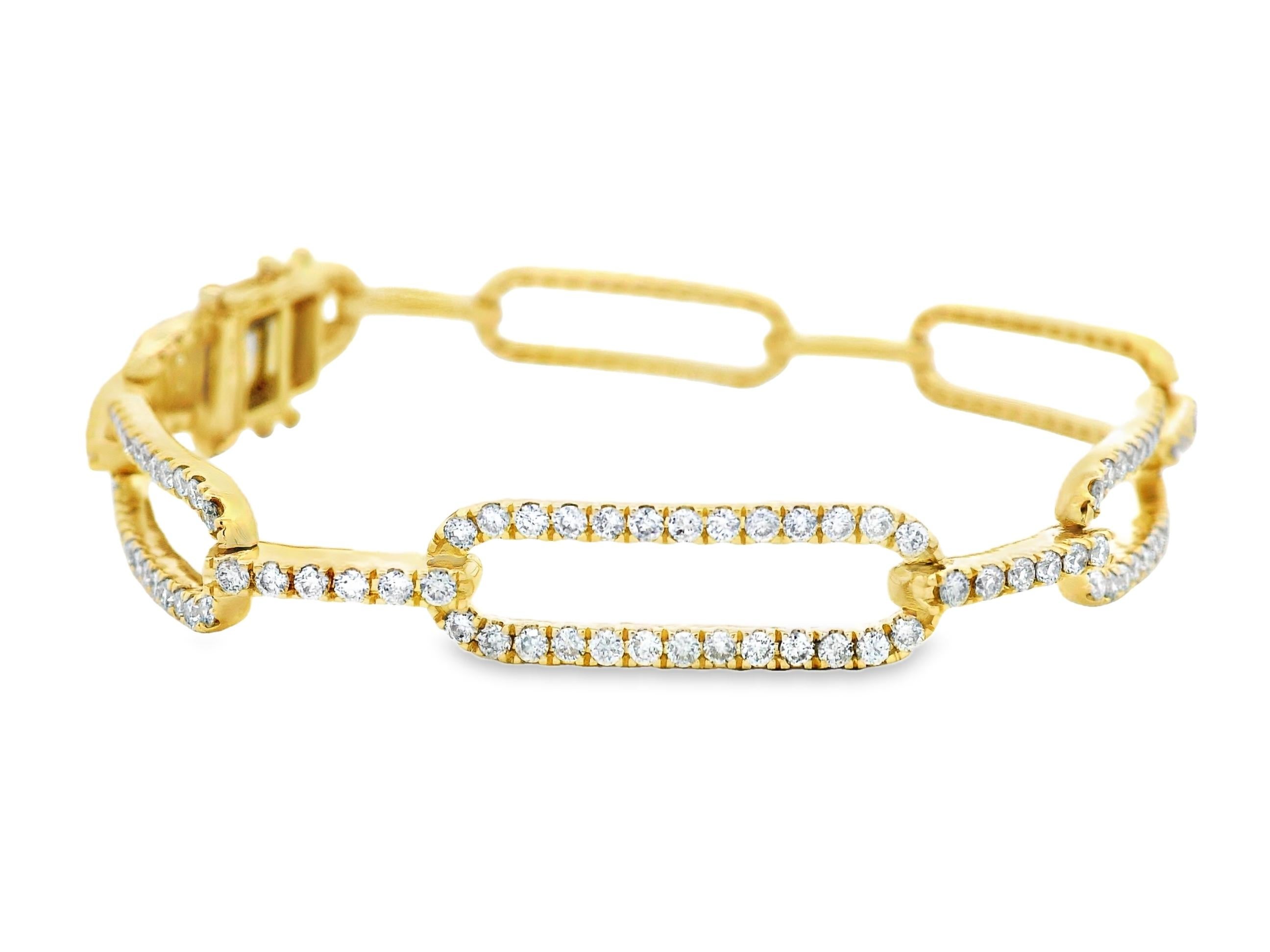Taille ronde Bracelet à maillons en or jaune 14K et diamants 3.00 carats en vente