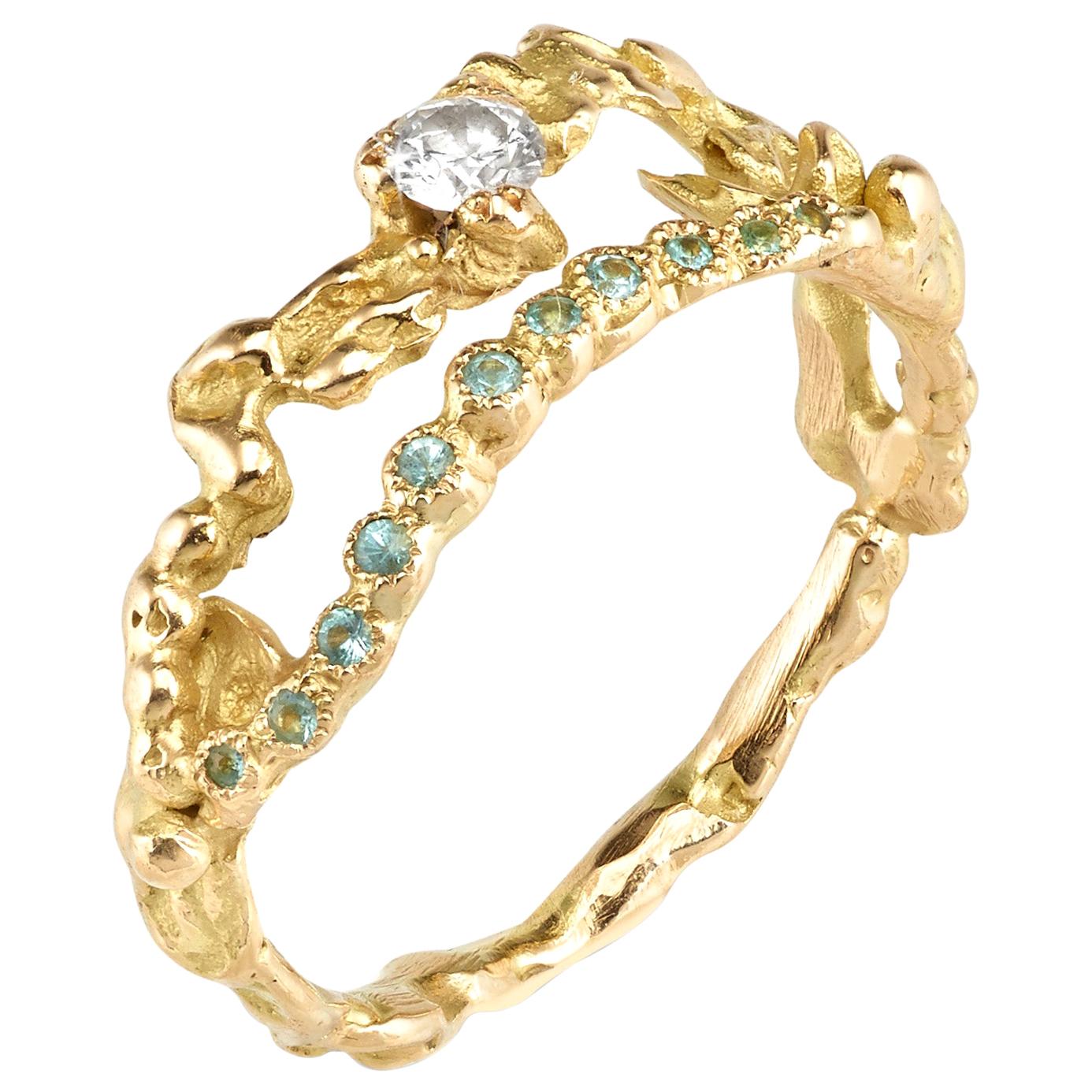 18 Karat Yellow Gold White Diamond Paraiba Tourmaline Textured Band Ring For Sale