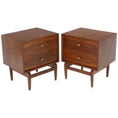 Diamond Pattern Cube Shape Walnut End Tables Stands Solid Sculptural Legs Pair