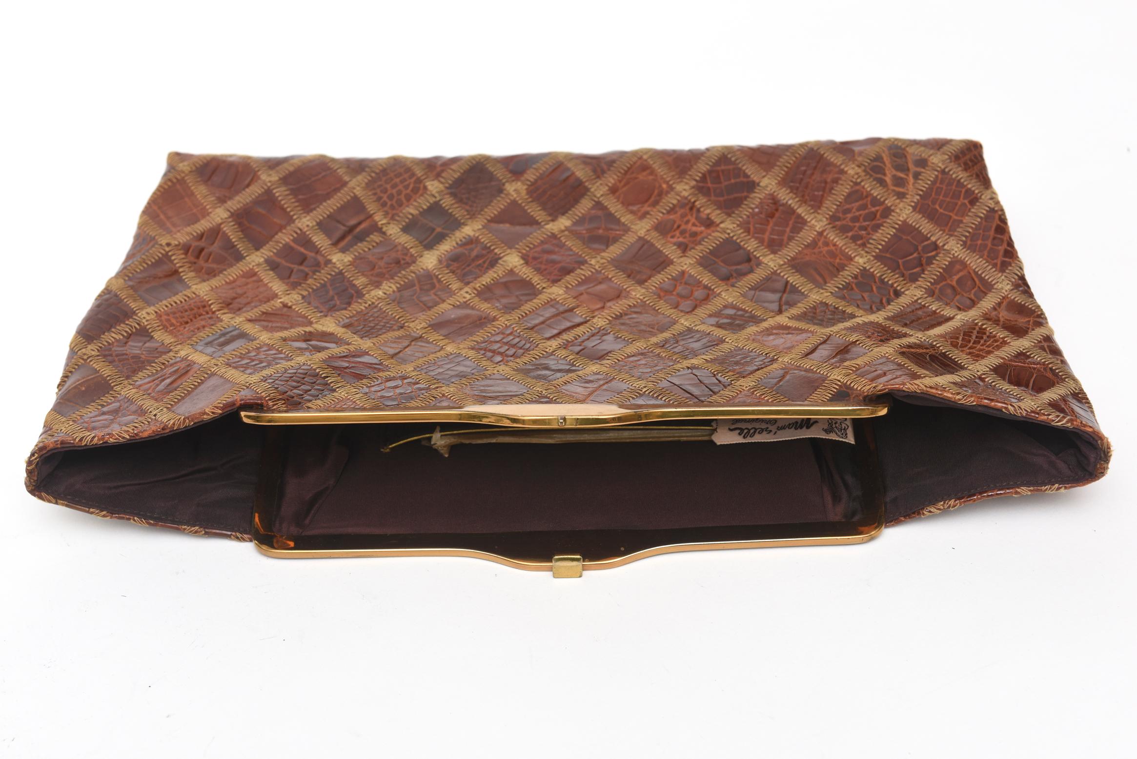 Diamond Patterned Brown Alligator Clutch Mid Century Modern For Sale 5