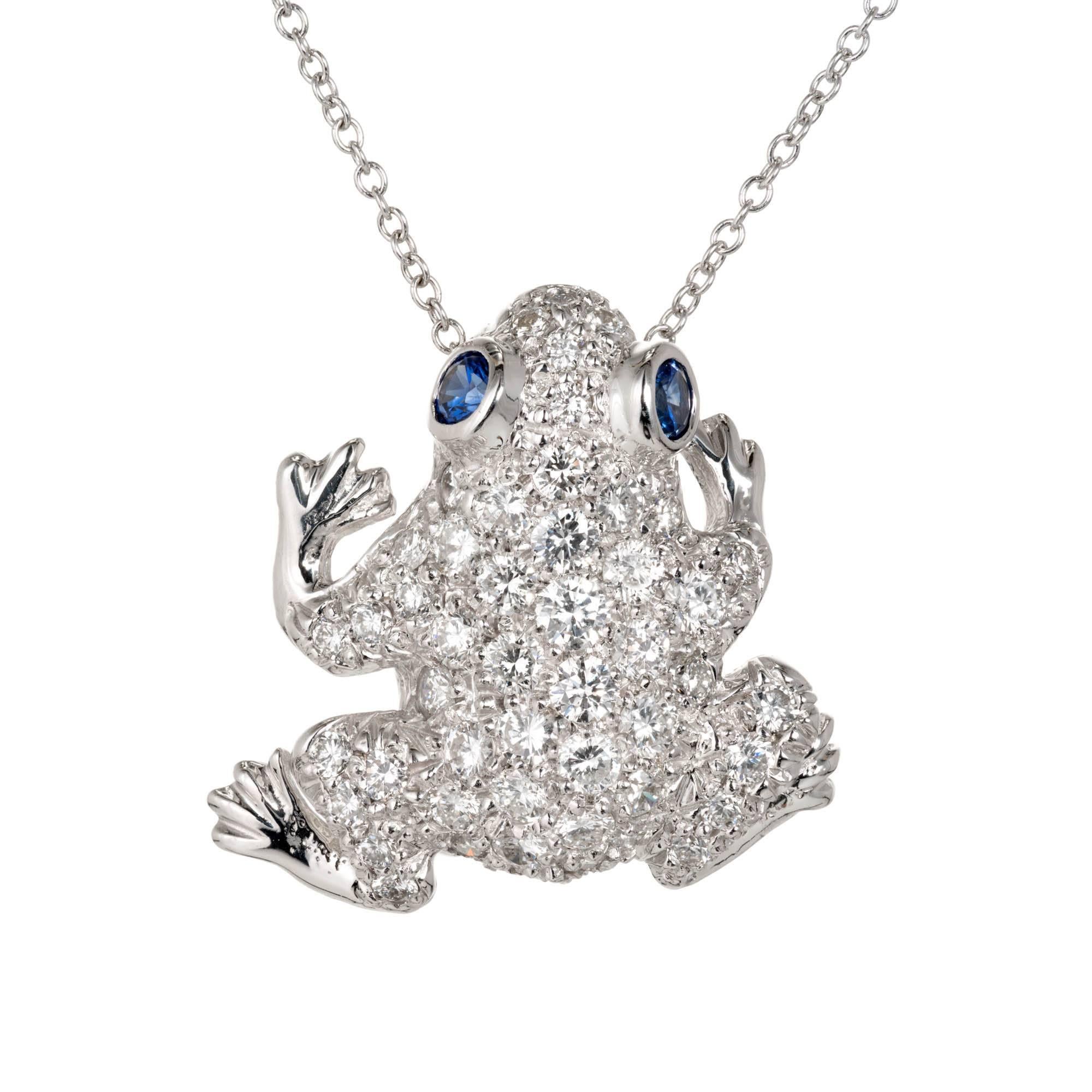 Diamond Pavé Sapphire Frog Gold Pin Pendant Necklace