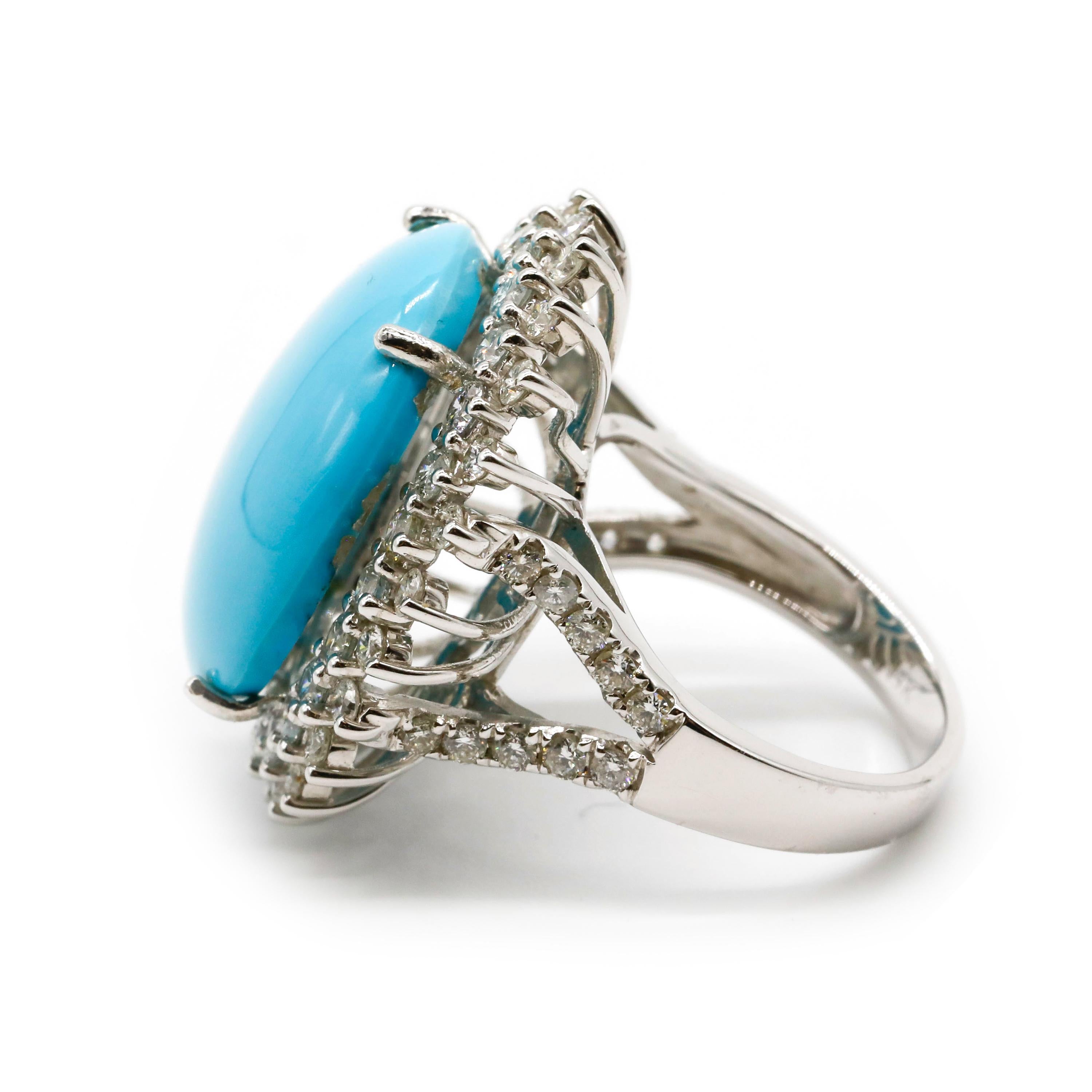 Diamond Pave 18 Karat White Gold 18.5 Carat Turquoise Solitaire Cocktail Ring

This modern ring features a total of 1.66 carats of diamond round shape and 18.5 Carat Turquoise Gemstone Set in 18K White Gold.

We guarantee all products sold and our