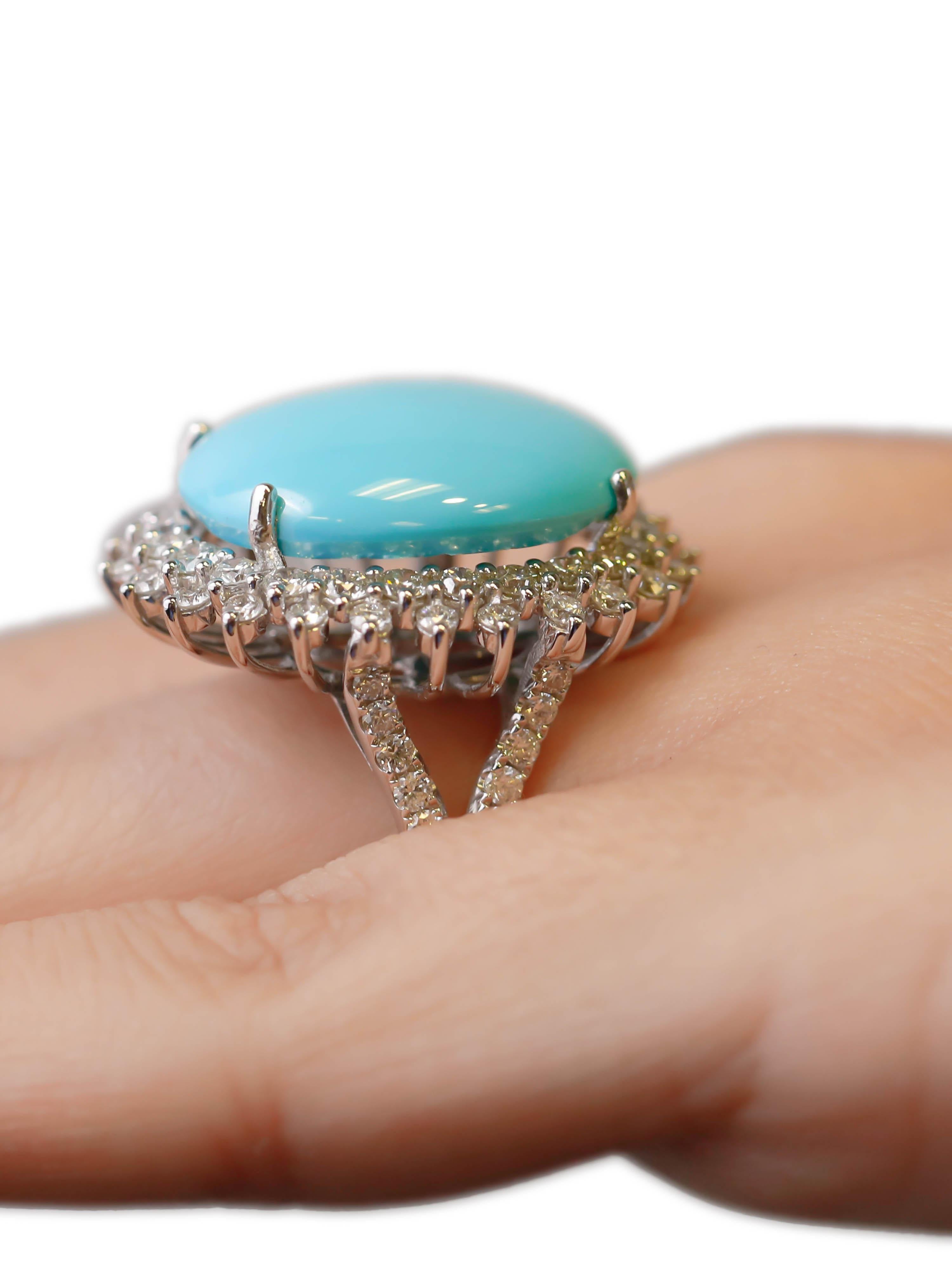 Oval Cut Diamond Pave 18 Karat White Gold 18.5 Carat Turquoise Solitaire Cocktail Ring