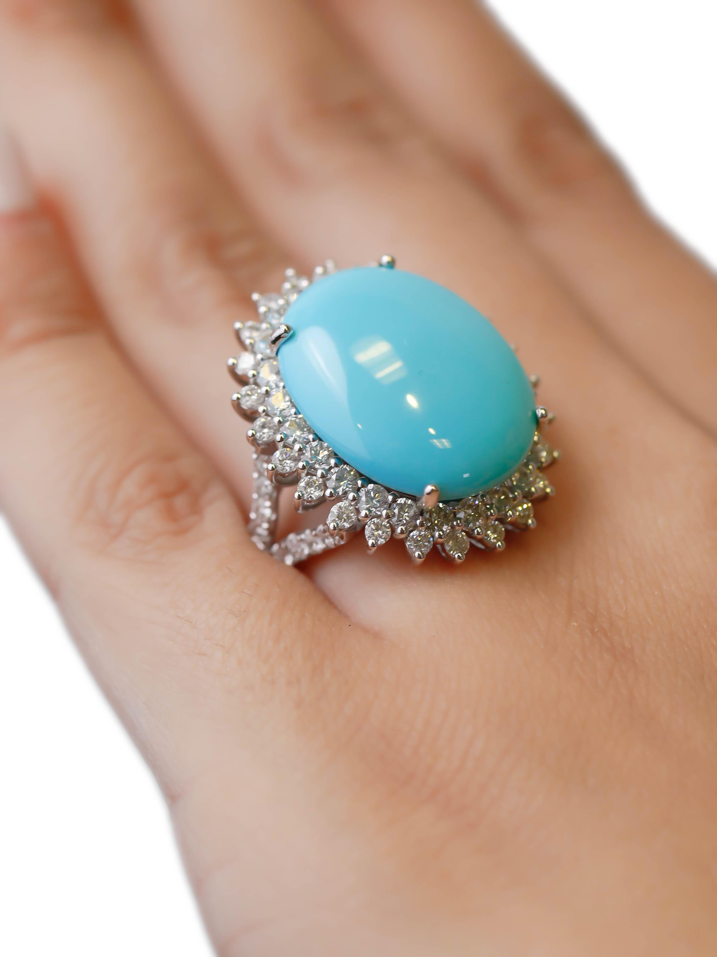 Diamond Pave 18 Karat White Gold 18.5 Carat Turquoise Solitaire Cocktail Ring In New Condition In New York, NY