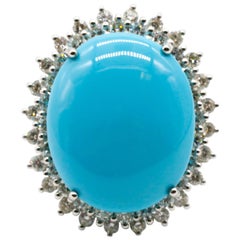 Diamond Pave 18 Karat White Gold 18.5 Carat Turquoise Solitaire Cocktail Ring