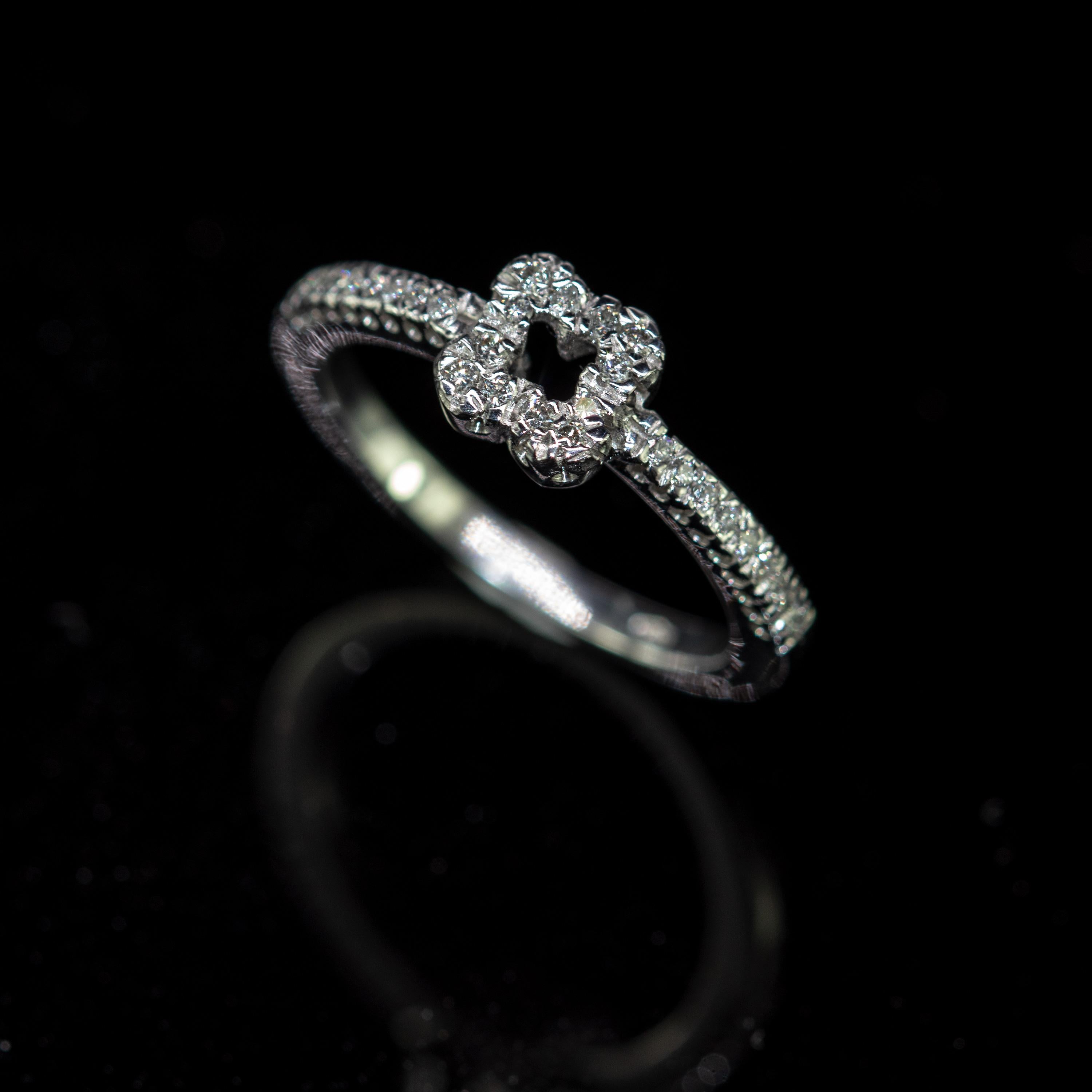 Romantic Diamond Pave 18 Karat White Gold Engagement Handmade Four Corners Clover Ring For Sale