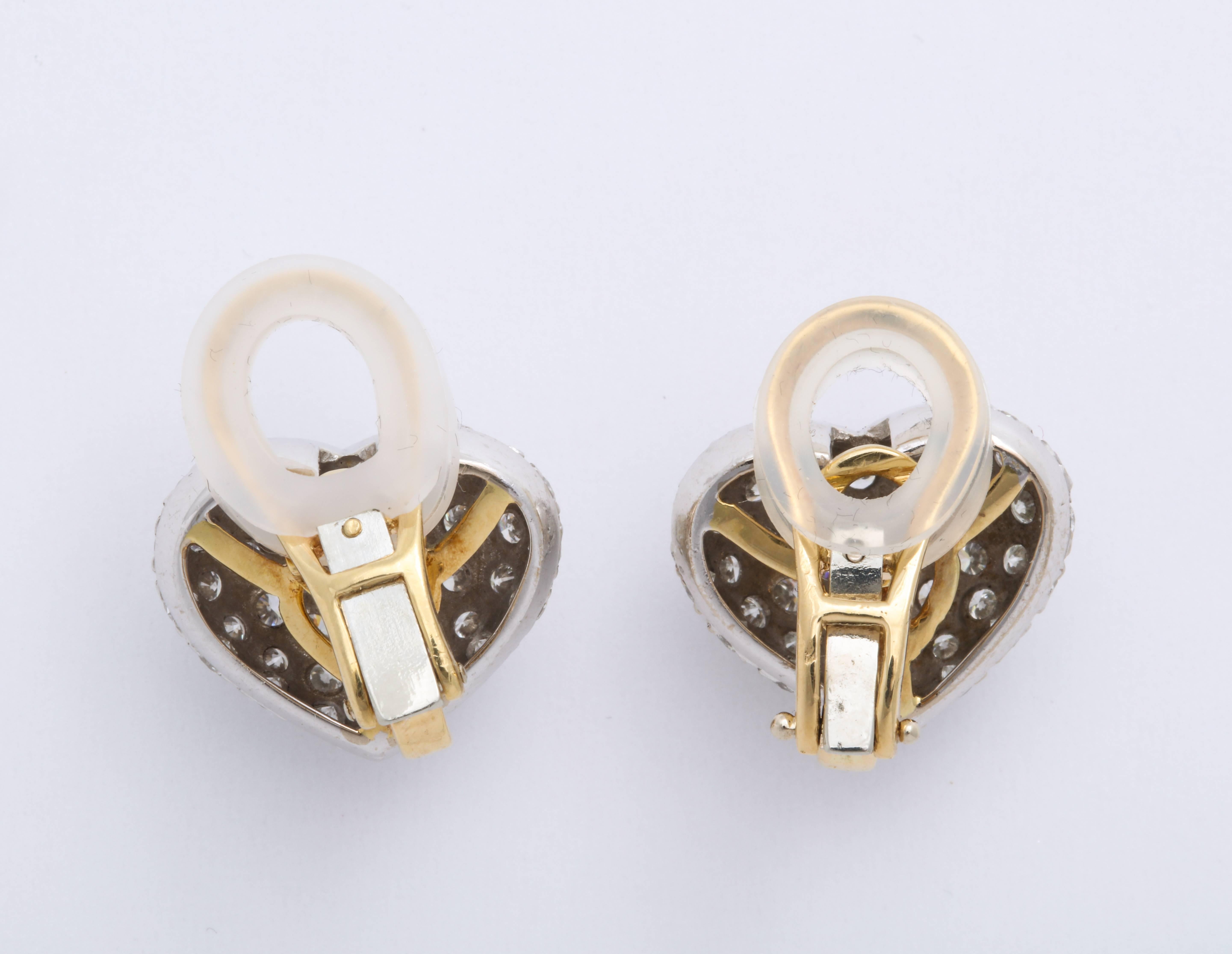 Modern Diamond Pave 18 Karat White and Yellow Gold Heart Shape Earrings For Sale