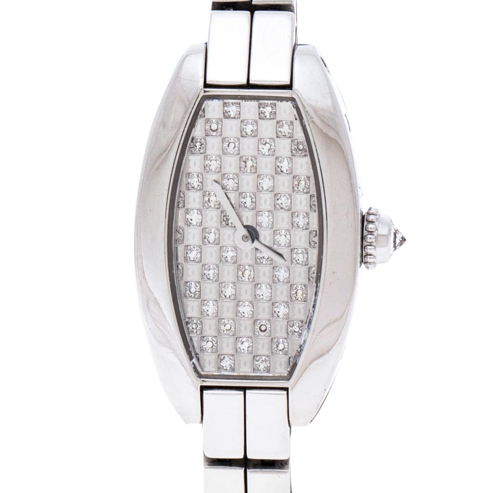 Diamond Pave 18K White Gold Laniere Tonneau 2545 Women's Wristwatch 16 mm 2