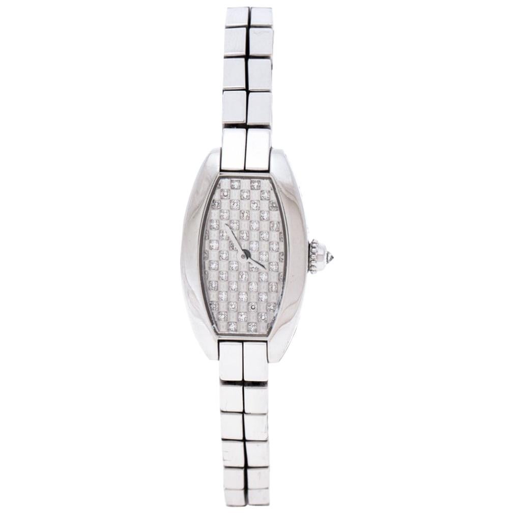 Diamond Pave 18K White Gold Laniere Tonneau 2545 Women's Wristwatch 16 mm