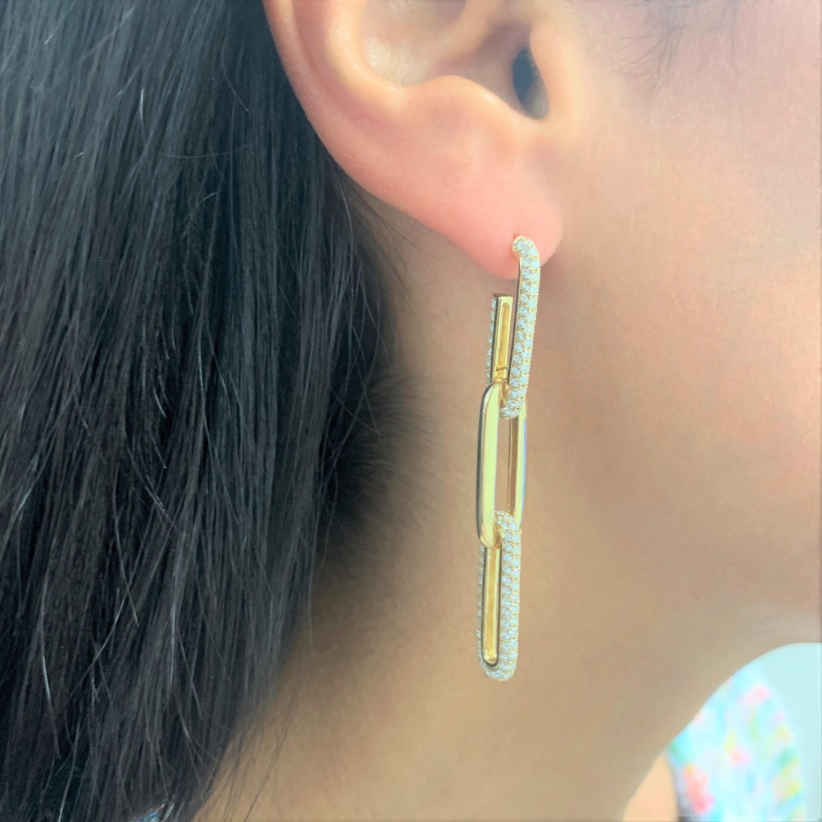 Contemporain Diamant pavé 3,75 carats T.W. Boucles d'oreilles pendantes en or 14k à maillons en forme de trombone (Paperclip Link) en vente