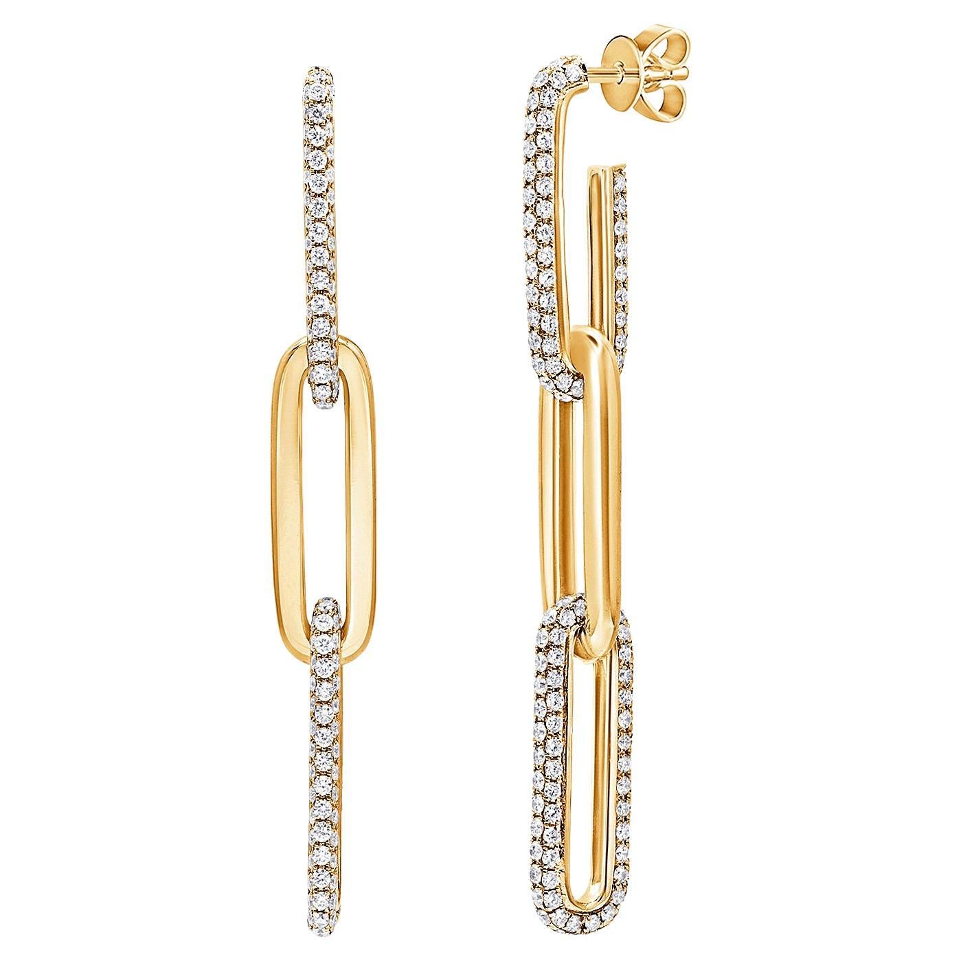 Diamant pavé 3,75 carats T.W. Boucles d'oreilles pendantes en or 14k à maillons en forme de trombone (Paperclip Link) en vente