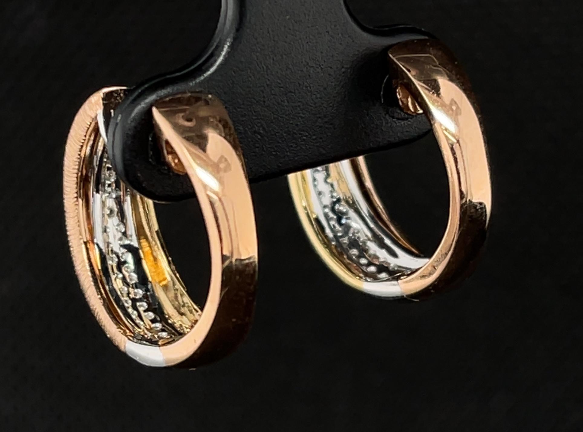 Artisan Diamond Pave Tricolor Hoop Earrings in 14k Rose, White and Yellow Gold 