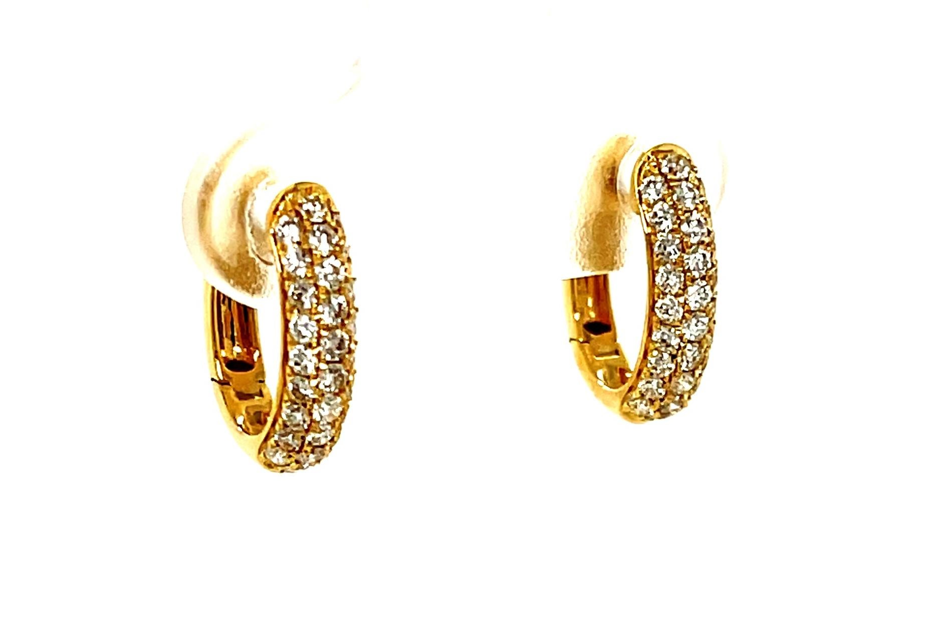 Round Cut Diamond Pave and 18k Yellow Gold Hinged Back Hoop Earrings For Sale