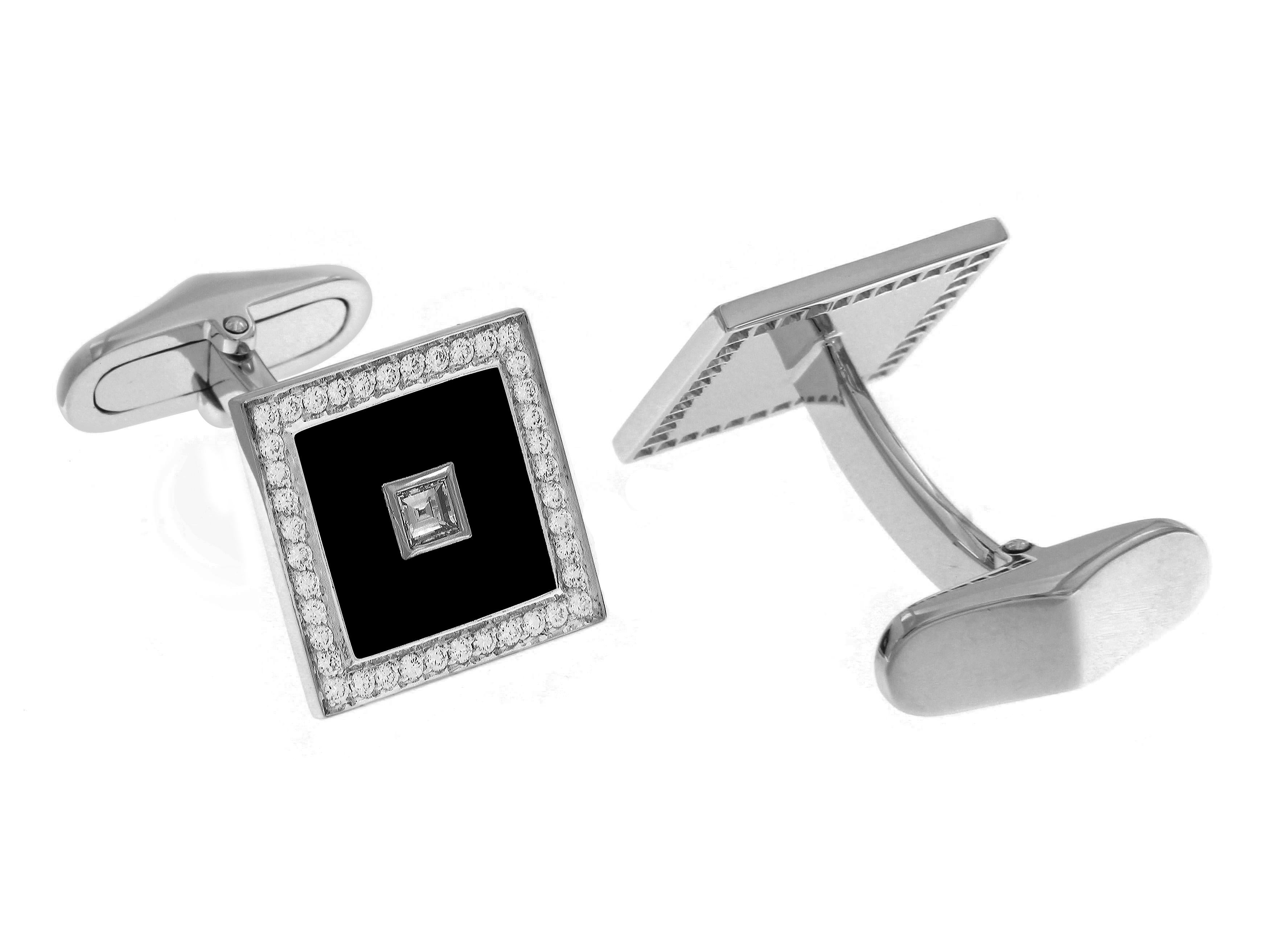 Every worldly gentleman needs a pair of sophiscated cufflinks. These 18k white gold cufflinks feature square diamonds surrounded by black enamel. Pave'd diamonds are set around the enamel for the finishing touch.