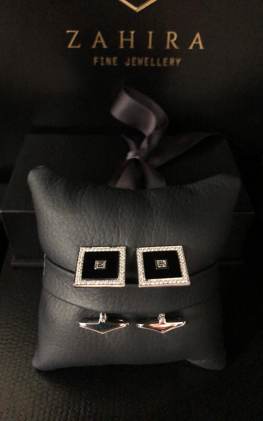 Square Cut 18 Carat White Gold Diamond Square Pave' and Black Enamel Cufflinks For Sale
