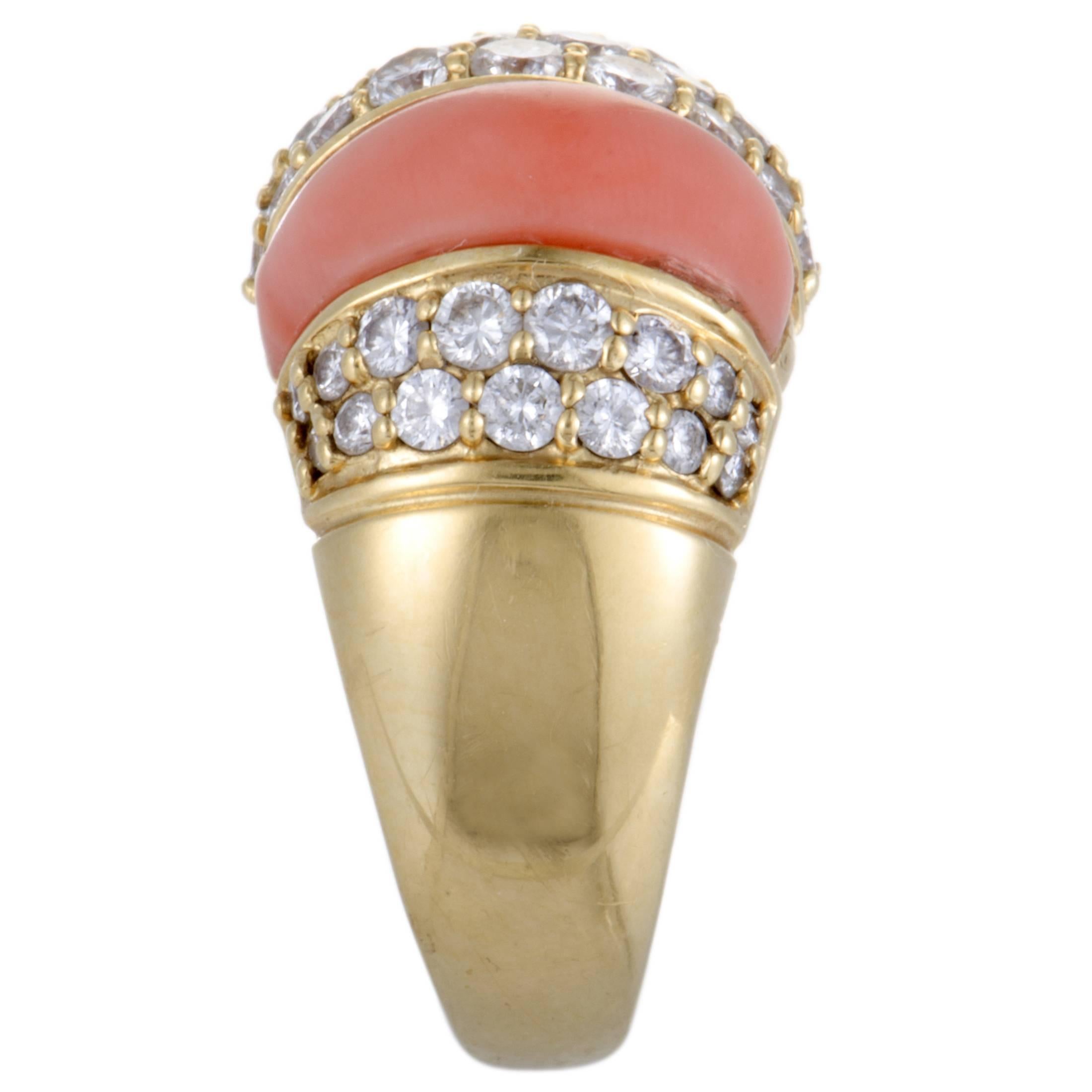 Round Cut Diamond Pave and Coral Bombe Gold Ring